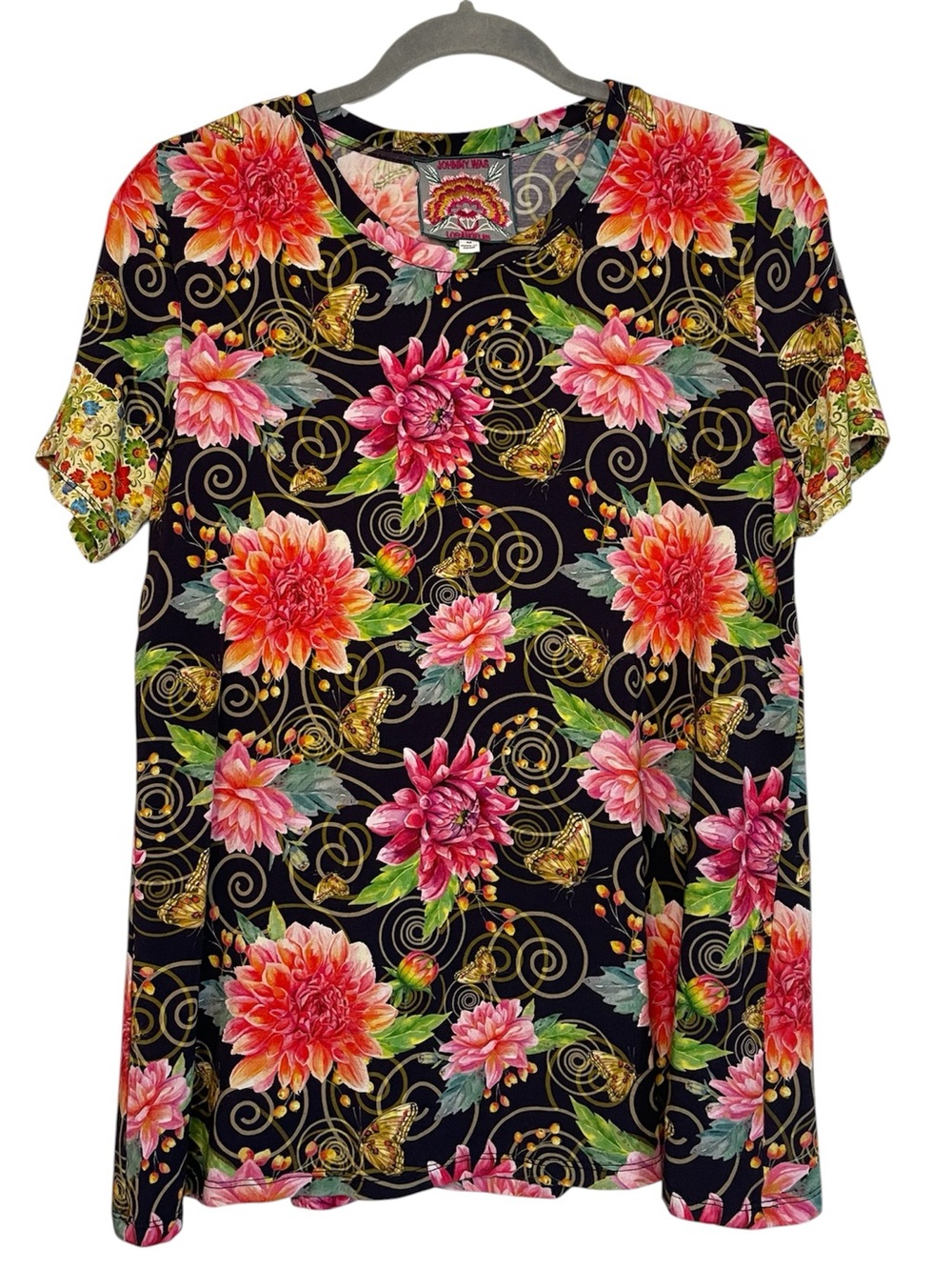 Johnny Was Floral Butterfly Bamboo Navy Shirt, Size Medium